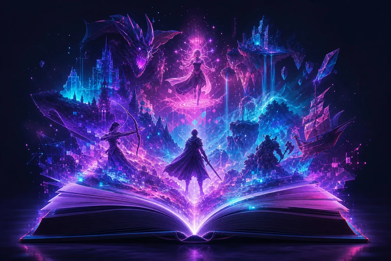 Fantasy game worlds and characters rising out of an open holographic book