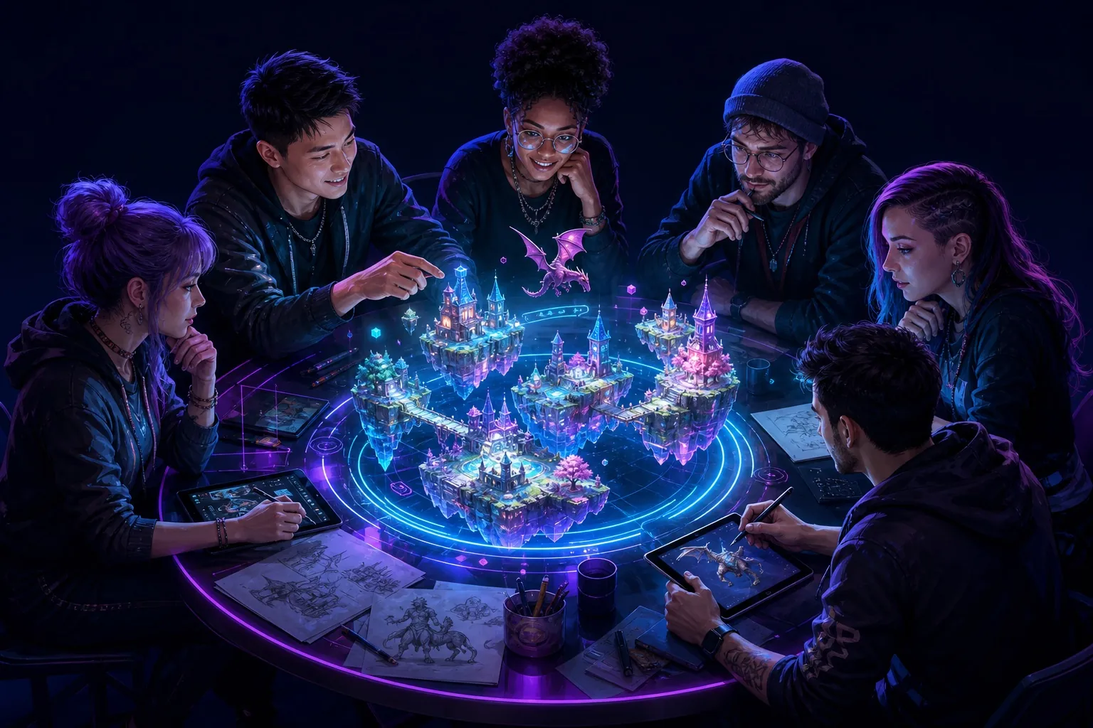 A diverse team of game developers collaborating around a holographic 3D game level