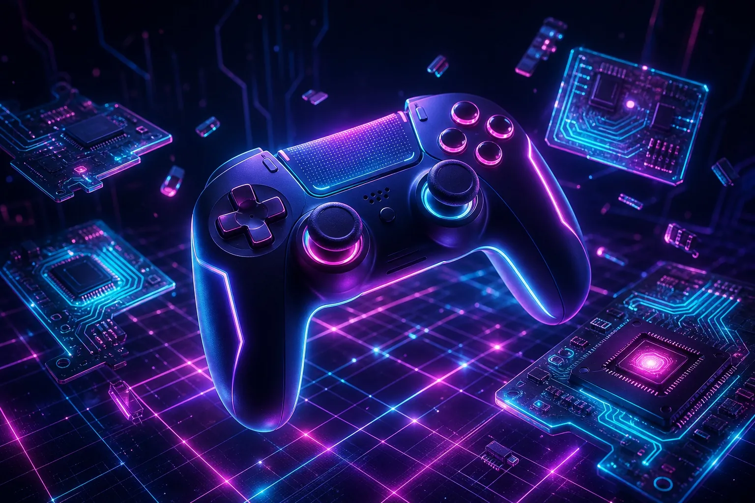 A glowing game controller and circuit boards floating above a neon grid